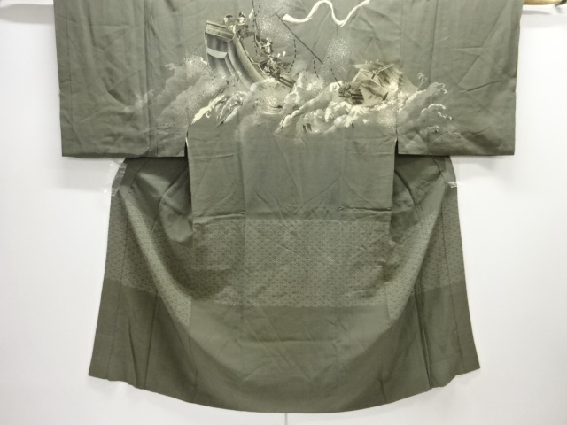 アンティーク　荒波に船・戦武者模様男物長襦袢